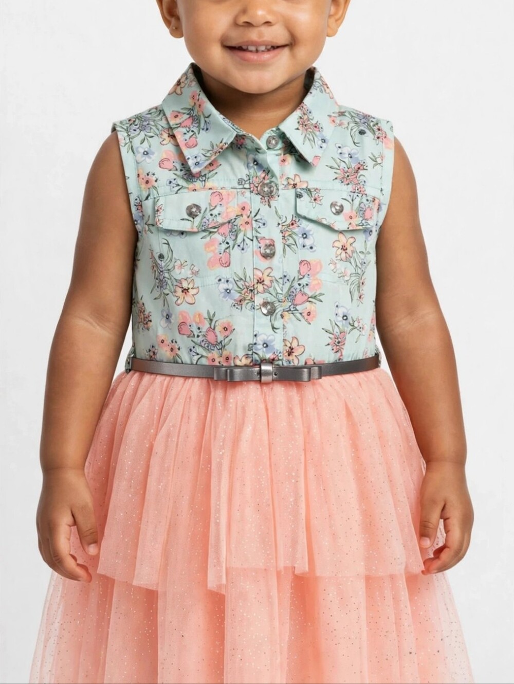 Little Lass Mint Floral Bodice with Peach Glitter Tulle Skirt Dress Sz 2